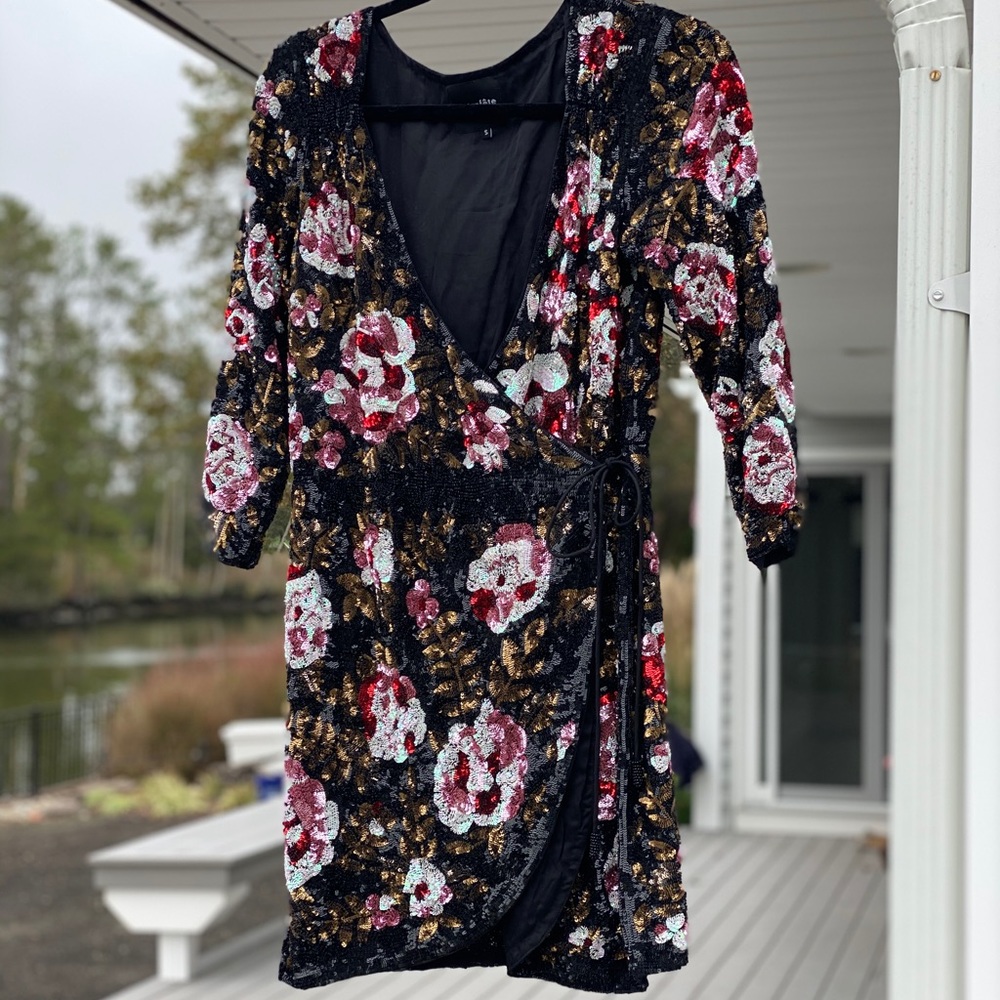 Retrofête Floral Sequin Wrap Mini Dress